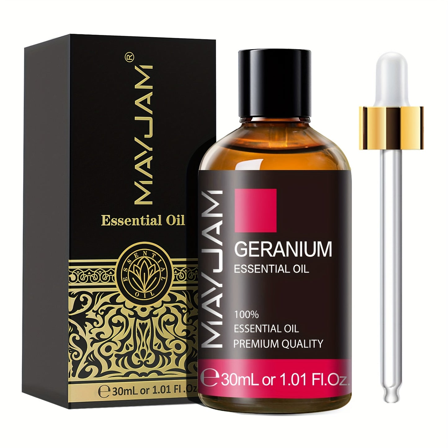 MAYJAM Geranium Essential Oil 1.01oz for Aromatherapy, Alcohol-Free, Eco-Friendly Lid, Leakproof, Premium Quality Glass Dropper Included, Scented Reed Diffuser Oil