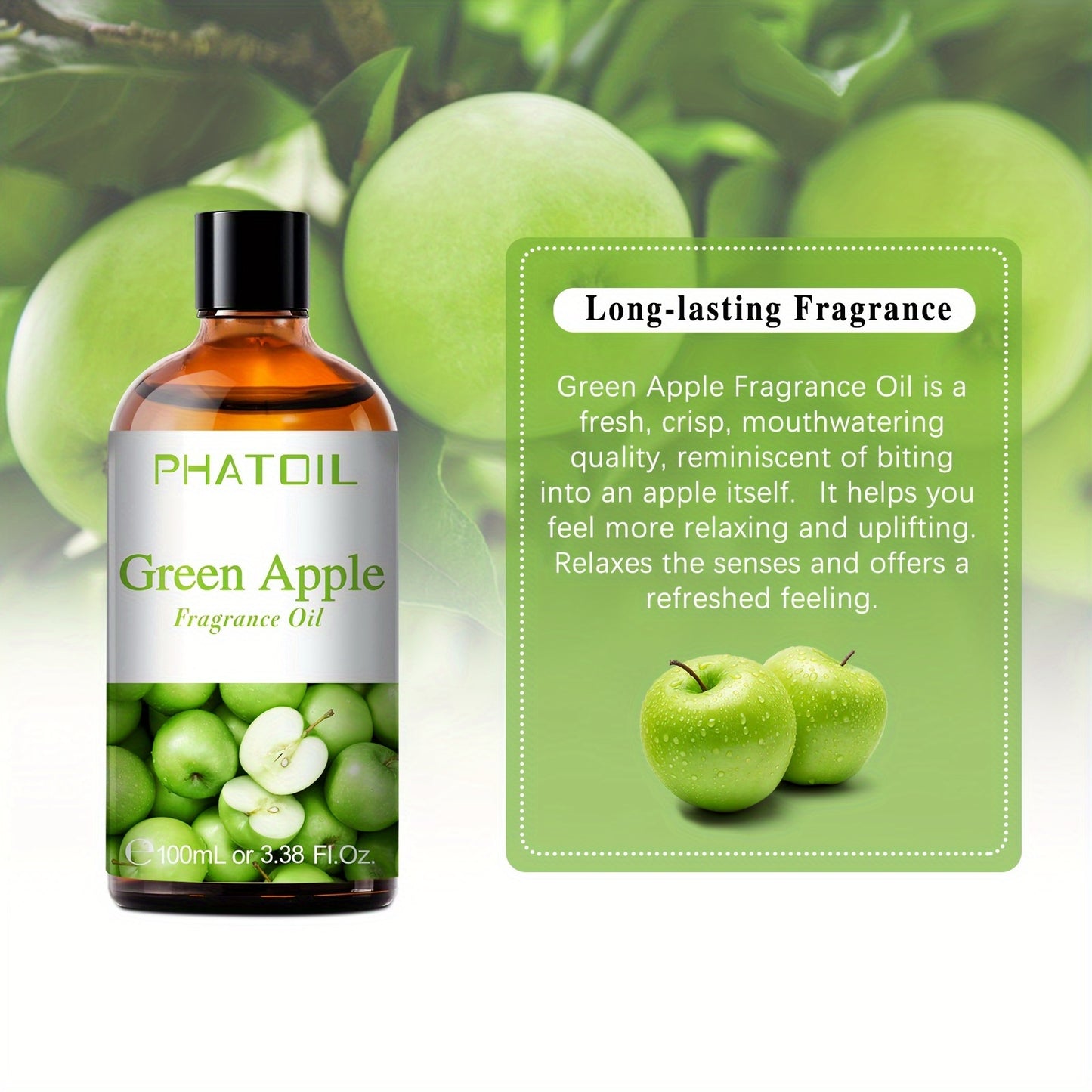 1 Bottle of Premium PHATOIL Green Apple Fragrance Oil - Essential Oil Singles for Scented Candles, Air Humidification, Diffusers, Oil Burners - 100ML/3.38Fl.Oz, Fruity and Refreshing, Long-Lasting Aroma, Perfect for Home and