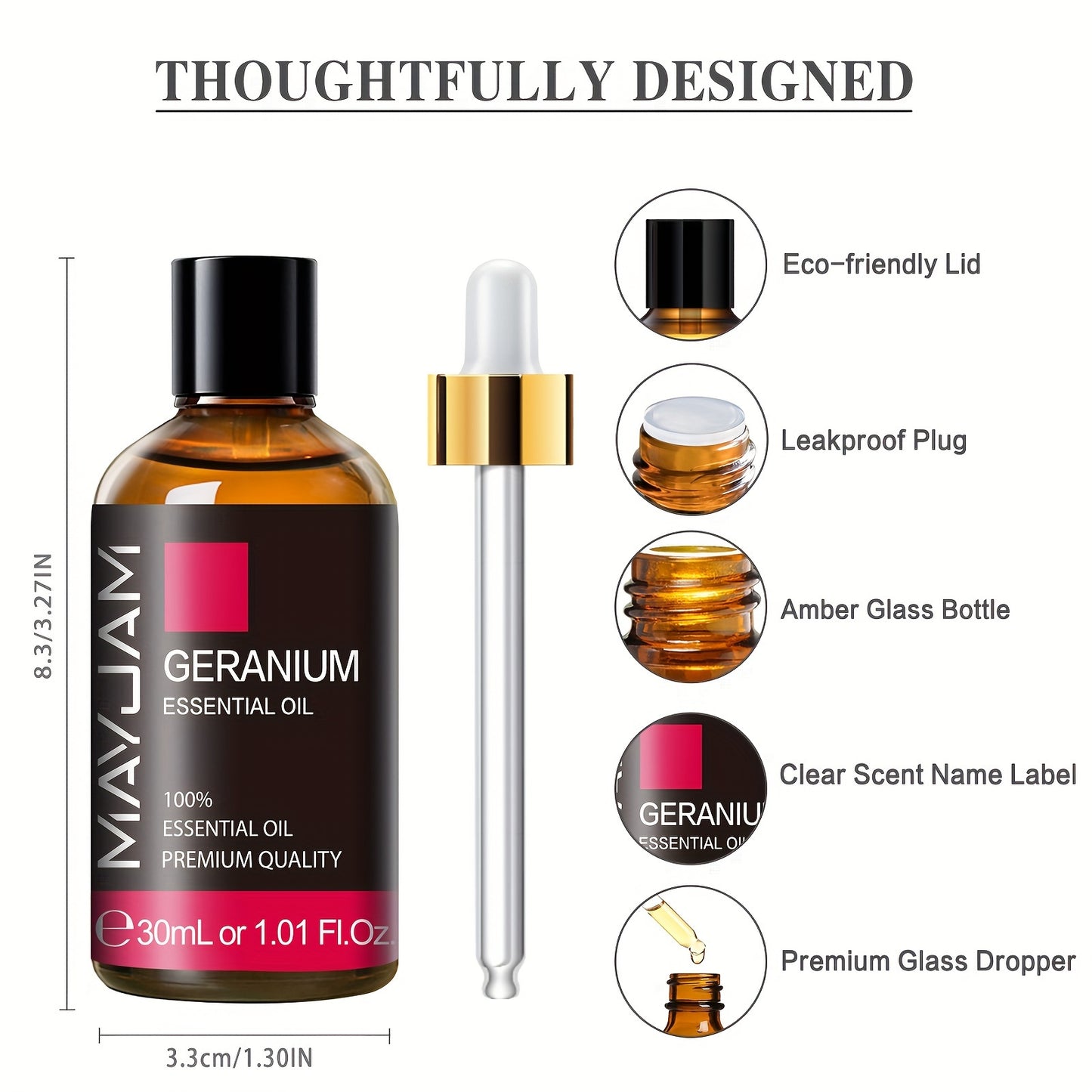 MAYJAM Geranium Essential Oil 1.01oz for Aromatherapy, Alcohol-Free, Eco-Friendly Lid, Leakproof, Premium Quality Glass Dropper Included, Scented Reed Diffuser Oil