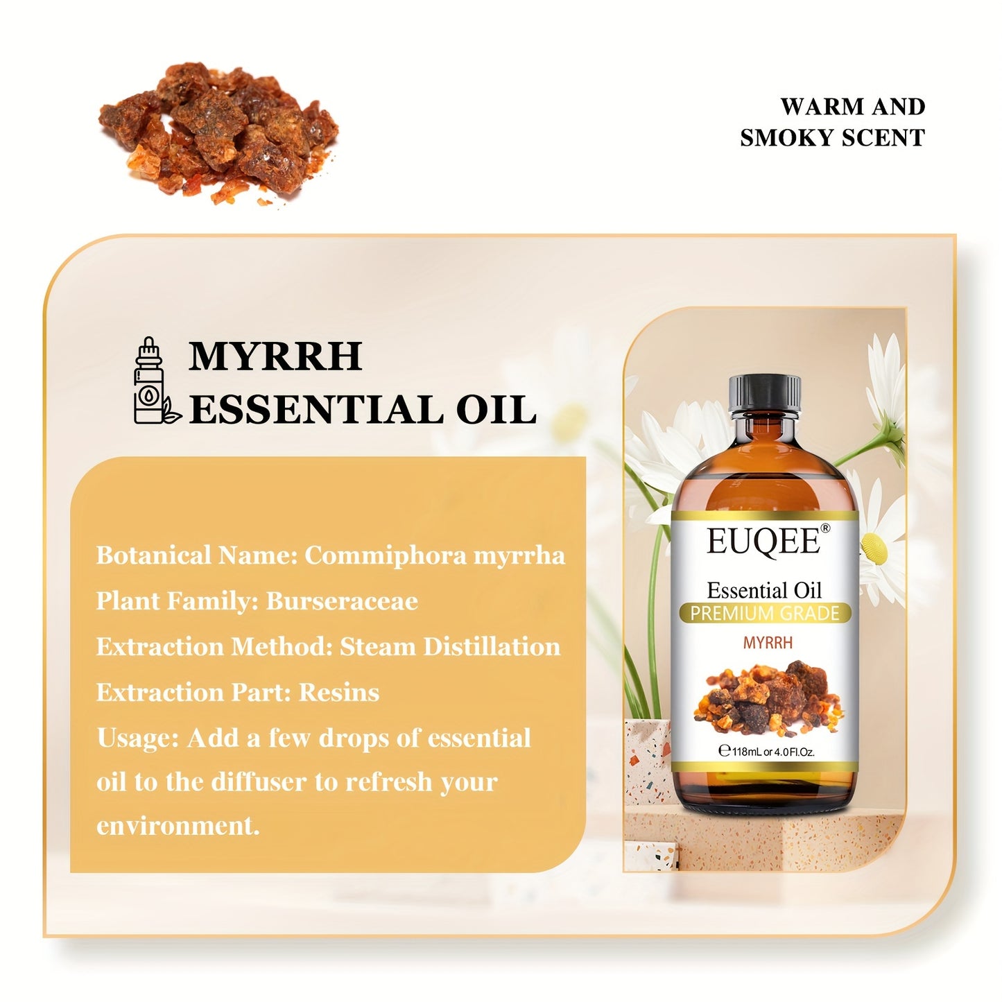 EUQEE 1pc Myrrh Essential Oils 118ml/4Fl.Oz For Diffuser, Candle Making, Humidifier