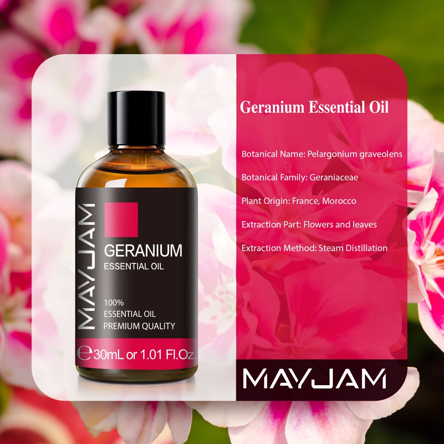 MAYJAM Geranium Essential Oil 1.01oz for Aromatherapy, Alcohol-Free, Eco-Friendly Lid, Leakproof, Premium Quality Glass Dropper Included, Scented Reed Diffuser Oil