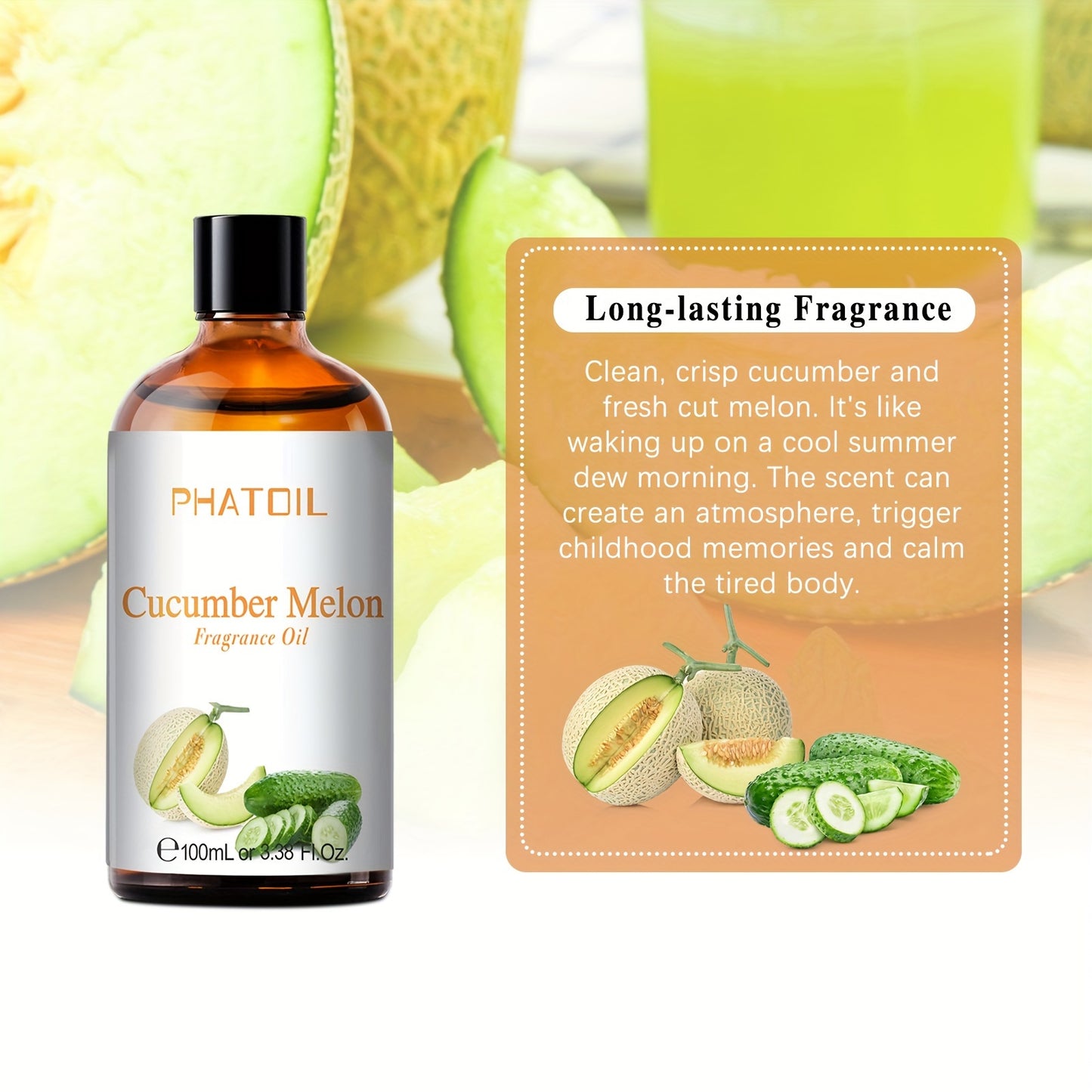 1pcs 100ml/3.38fl.Oz PHATOIL Cucumber Melon Fruit Fragrance Oil for Diffusers, Humidifiers, Soap Making with Refreshing Aroma